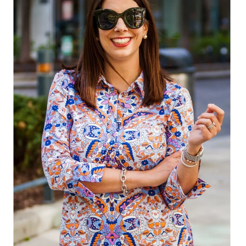 NWOT Talbots Classic Cotton Shirt Button-Up Royal Palm Paisley Floral size 1X